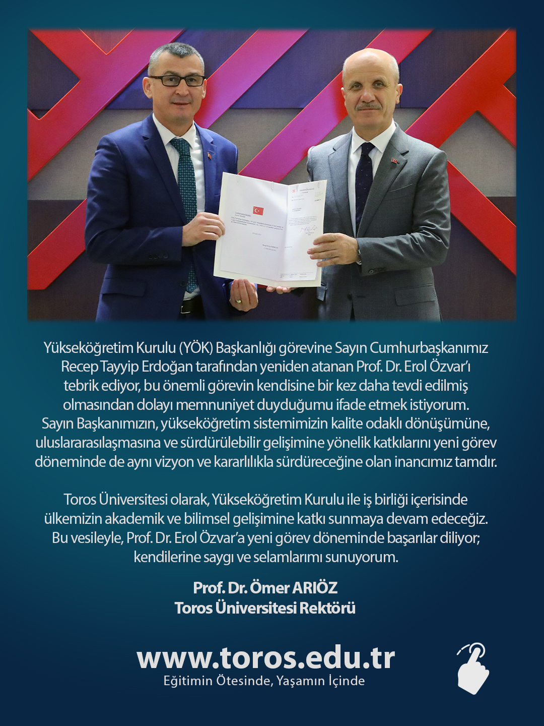 REKTÖRÜMÜZ PROF. DR. ÖMER ARIÖZ’DEN YÖK BAŞKANI PROF. DR. EROL ÖZVAR’A TEBRİK MESAJI